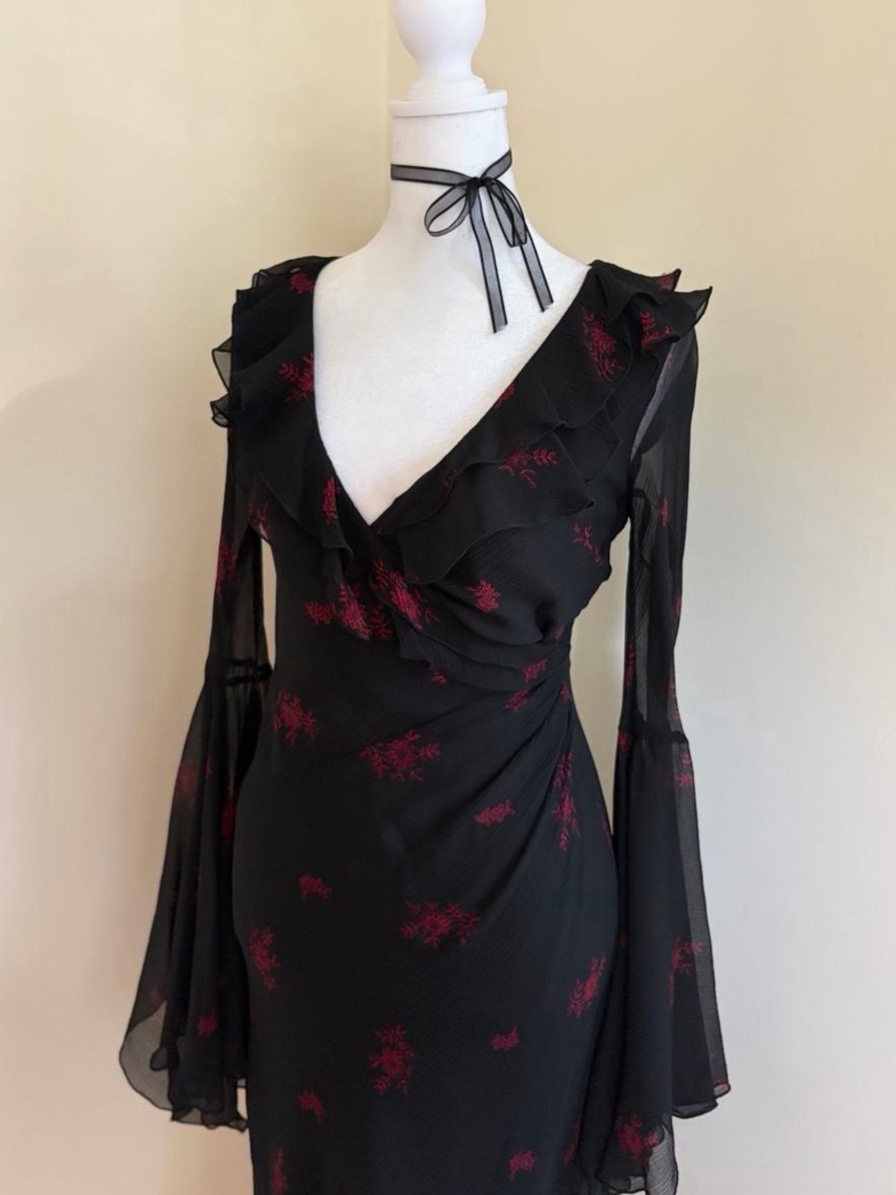 Vintage Y2K silk black ruffle goth bias cut floral dress LIKE Betsey Johnson S - Picture 6 of 10